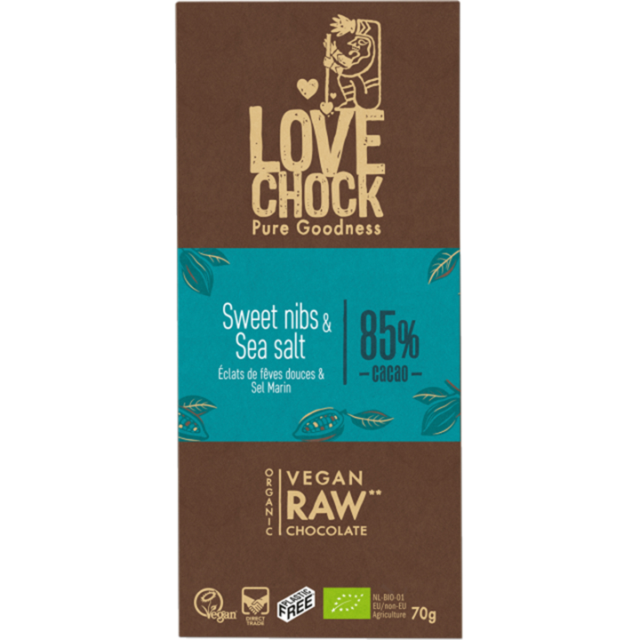 Chokolade Kakaonibs & Havsalt 85% ØKO 70g i gruppen Råvarer & Drikke / Slik & Chokolade / Chokolade og Bars hos Rawfoodshop Scandinavia AB (14001)