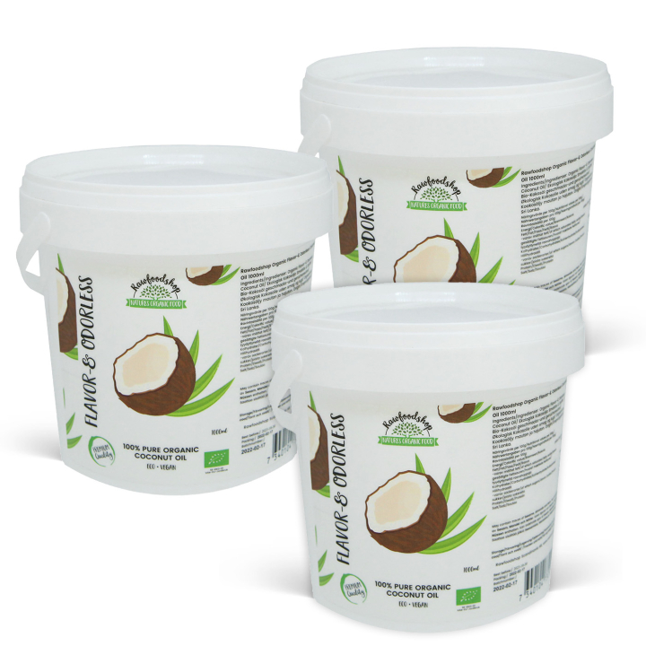 Kokosolie Smag & Duftfri ØKO 1000ml x 3 dåser i gruppen Råvarer & Drikke / Spisekammer / Olier / Olier hos Rawfoodshop Scandinavia AB (15060-1000-SET3)