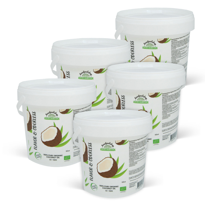 Kokosolie Smag & Duftfri ØKO 1000ml x 5 dåser i gruppen Råvarer & Drikke / Nødder / Nøddeolier hos Rawfoodshop Scandinavia AB (15060-1000-SET5)