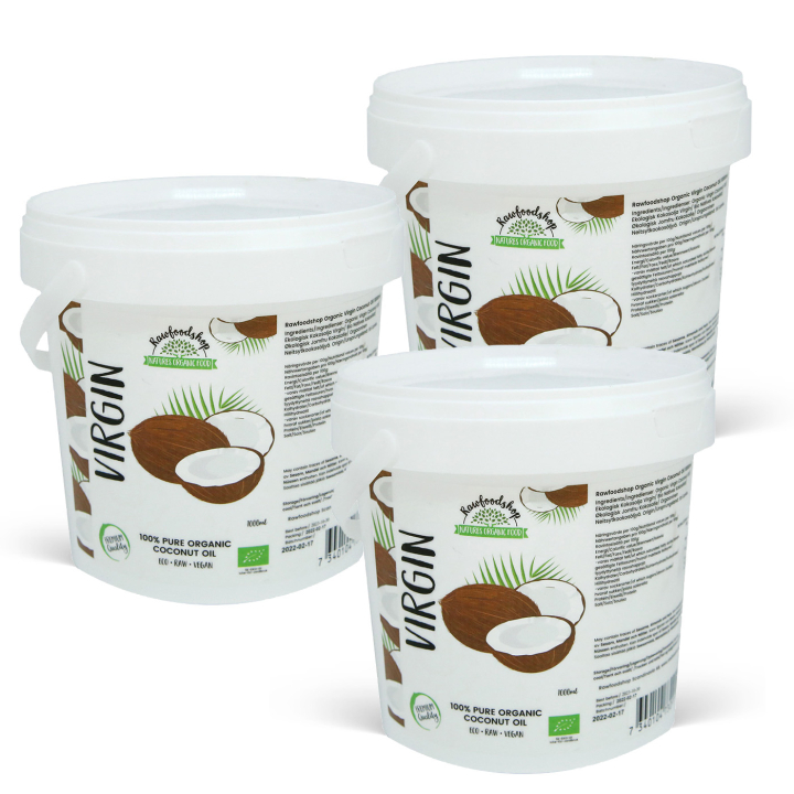 Kokosolie Virgin RAW ØKO 1000ml x 3 dåser i gruppen Hud & Krop / Naturlig DIY / Fedt & Voks / Kokosolie hos Rawfoodshop Scandinavia AB (15064-1000-SET3)