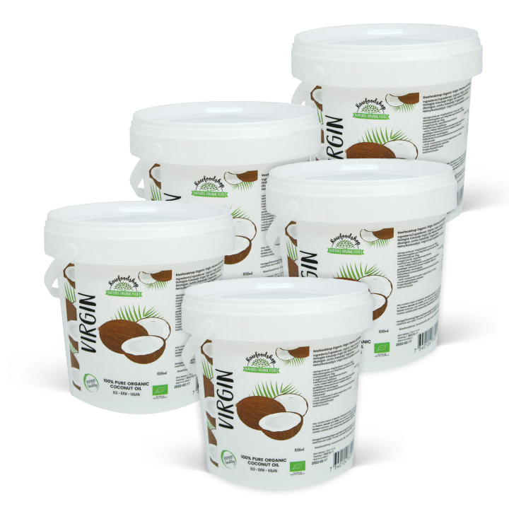 Kokosolie Virgin RAW ØKO 1000ml x 5 dåser i gruppen Hud & Krop / Naturlig DIY / Fedt & Voks / Kokosolie hos Rawfoodshop Scandinavia AB (15064-1000-SET5)