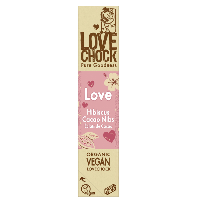 Love Chokolade Hibiscus & Kakao Nibs ØKO 40g i gruppen Råvarer & Drikke / Slik & Chokolade / Chokolade og Bars hos Rawfoodshop Scandinavia AB (20002)