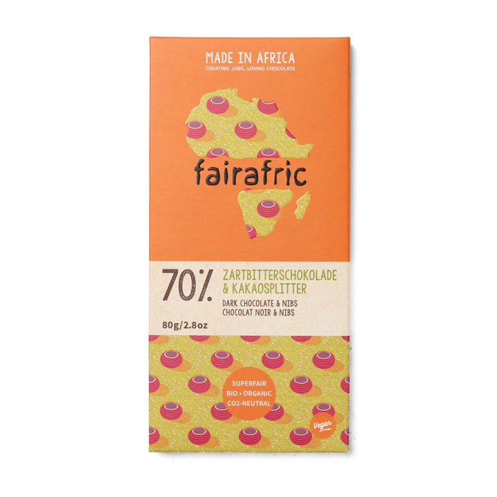 Fairafric - Mørk Chokolade + Nibs 70% 80g i gruppen Råvarer & Drikke / Slik & Chokolade / Chokolade og Bars hos Rawfoodshop Scandinavia AB (22293)