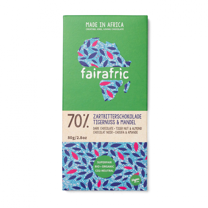 Fairafric - Mørk Chokolade Tiikeripähkinä + Manteli 70% 80g i gruppen Råvarer & Drikke / Slik & Chokolade / Chokolade og Bars hos Rawfoodshop Scandinavia AB (22296)