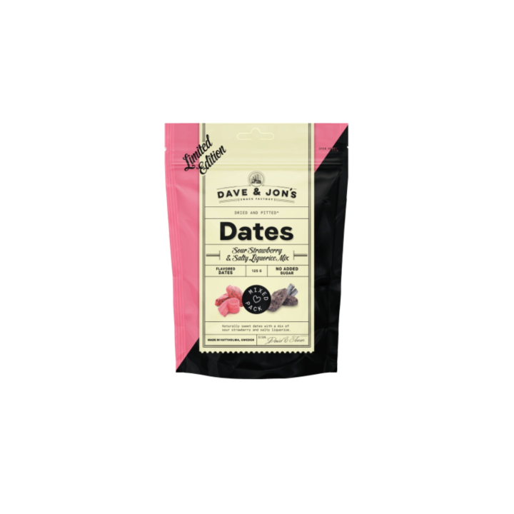 Dadler Sour Strawberry-Salty Liquorice Mix 125g i gruppen Råvarer & Drikke / Frugt & Frugtpulver / Dadler hos Rawfoodshop Scandinavia AB (800015544)
