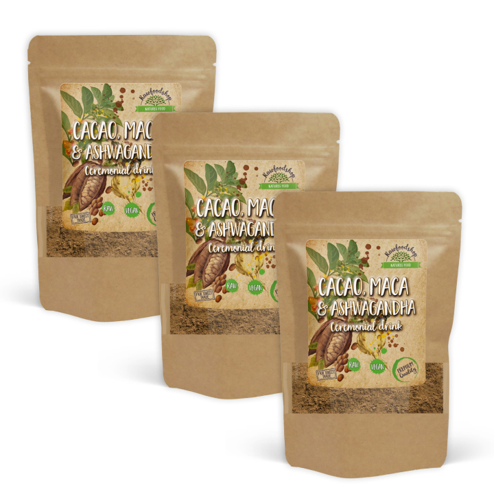 Kakaopulver Ceremoniel Ashwagandha & Maca 100g x 3 pakker i gruppen Råvarer & Drikke / Bagning / Kakaoprodukter hos Rawfoodshop Scandinavia AB (AYAM121-SET3)