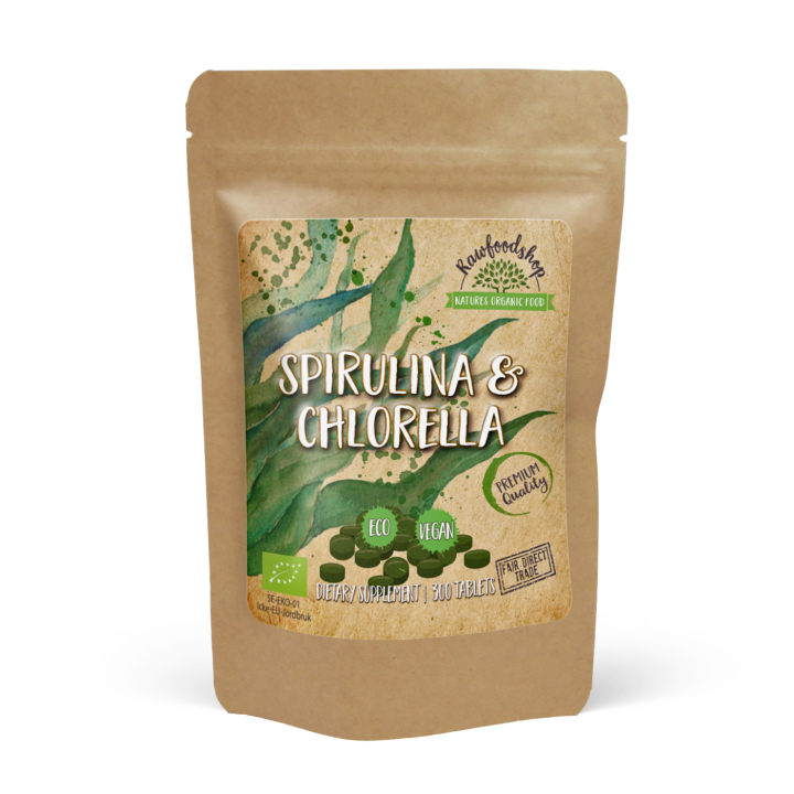 Spirulina Chlorella ØKO 500mg 300 tabletter i gruppen Kosttilskud / Urter & Planter / Algetilskud hos Rawfoodshop Scandinavia AB (CUSPCH300TAB)