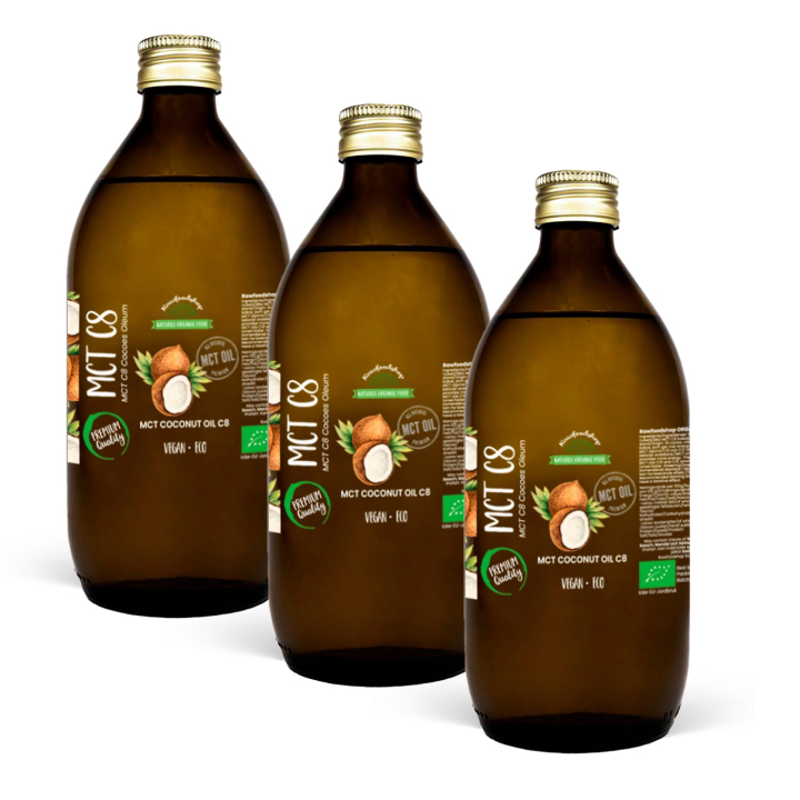Kokosolie MCT8 ØKO 500ml x 3 flasker i gruppen Råvarer & Drikke / Nødder / Nøddeolier hos Rawfoodshop Scandinavia AB (MGT0644-SET3)