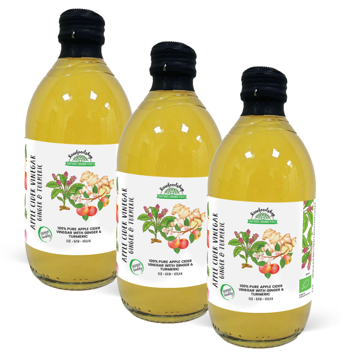 Æblecidereddike Ingefær & Gurkemeje Ufiltreret ØKO 500ml x 3 flasker i gruppen Råvarer & Drikke / Spisekammer / Smagssætning / Eddike hos Rawfoodshop Scandinavia AB (PFAPSSY050006-SET3)