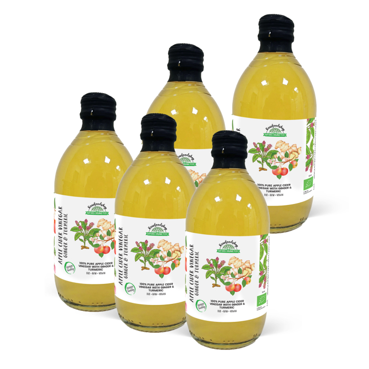 Æblecidereddike Ingefær & Gurkemeje Ufiltreret ØKO 500ml x 5 flasker i gruppen Råvarer & Drikke / Spisekammer / Smagssætning / Eddike hos Rawfoodshop Scandinavia AB (PFAPSSY050006-SET5)