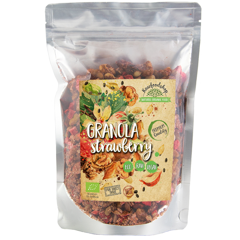 Jordbær Granola ØKO 400g i gruppen Råvarer & Drikke / Frugt & Frugtpulver / Alle frugter og bær hos Rawfoodshop Scandinavia AB (RECJOR73585858)