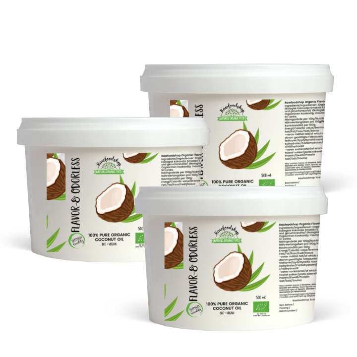 Kokosolie Smag & Duftfri ØKO 500ml x 3 dåser i gruppen Råvarer & Drikke / Nødder / Nøddeolier hos Rawfoodshop Scandinavia AB (RFET400225E-SET3)