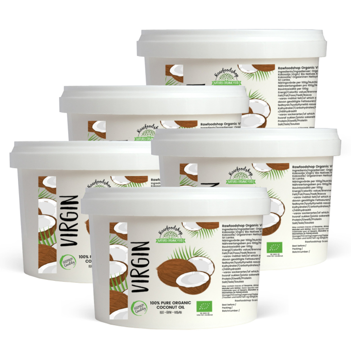 Kokosolie Virgin RAW ØKO 500ml x 5 dåser i gruppen Råvarer & Drikke / Nødder / Nøddeolier hos Rawfoodshop Scandinavia AB (ROLJ400416E-SET5)
