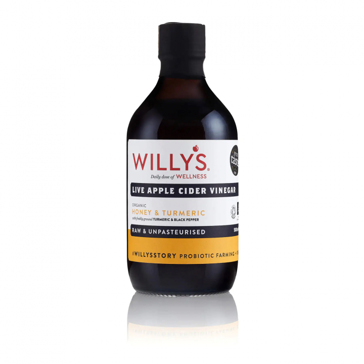 Willy's Organic Live Turmeric & Honey Apple Cider Vinegar 500 ml i gruppen Råvarer & Drikke / Spisekammer / Smagssætning / Eddike hos Rawfoodshop Scandinavia AB (WILL002)