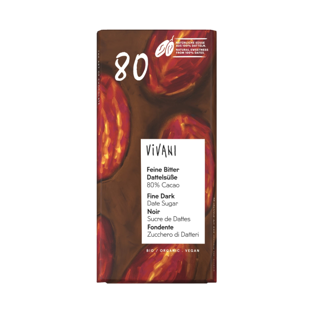 Vivani Mørk Chokolade 80% med dadelsukker ØKO 80g