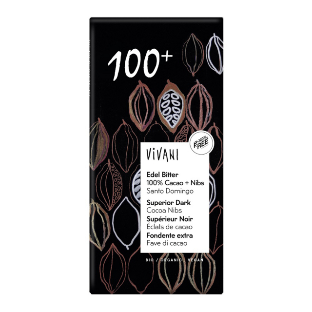 Vivani Chokolade 100% + Nibs ØKO 80g
