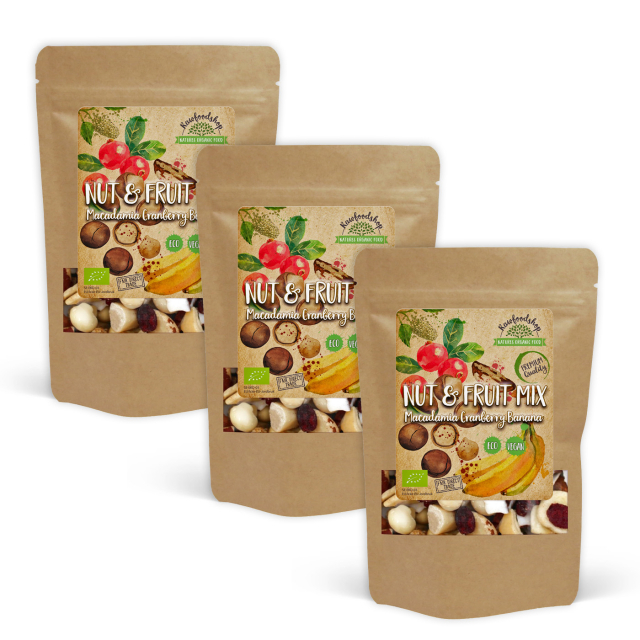 Nødde- & Frugtmix Macadamia Tranebær Banan ØKO 200g x 3 pakker