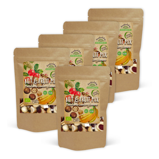 Nødde- & Frugtmix Macadamia Tranebær Banan ØKO 200g x 5 pakker