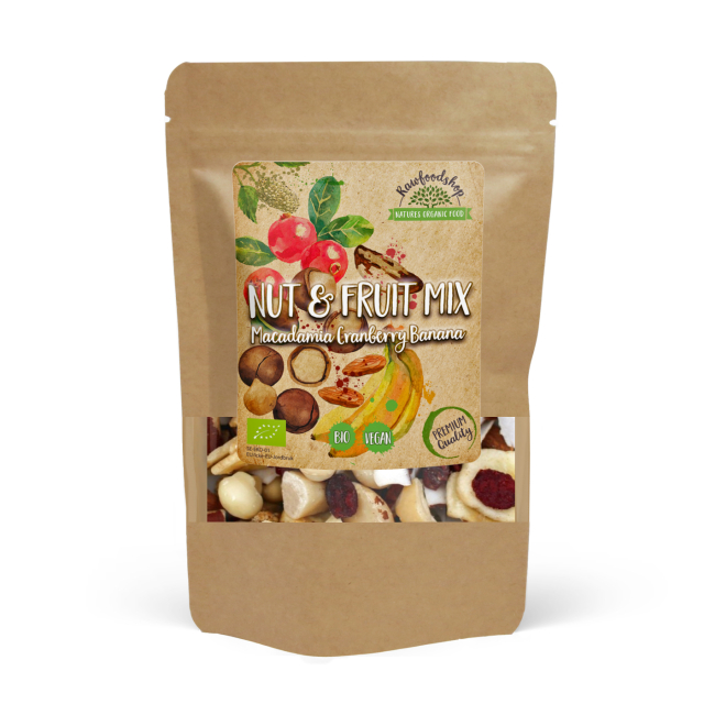 Nødde- & Frugtmix Macadamia Tranebær Banan ØKO 500g