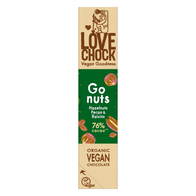 Chokolade Go Nuts Hasselnødder, Pekannødder & Rosiner ØKO 40g