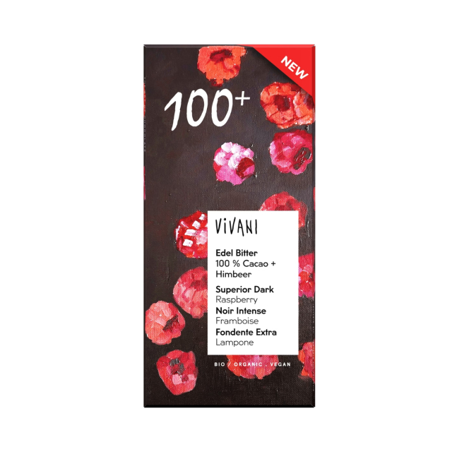 Vivani Chokolade 100% med Hindbær ØKO 80g