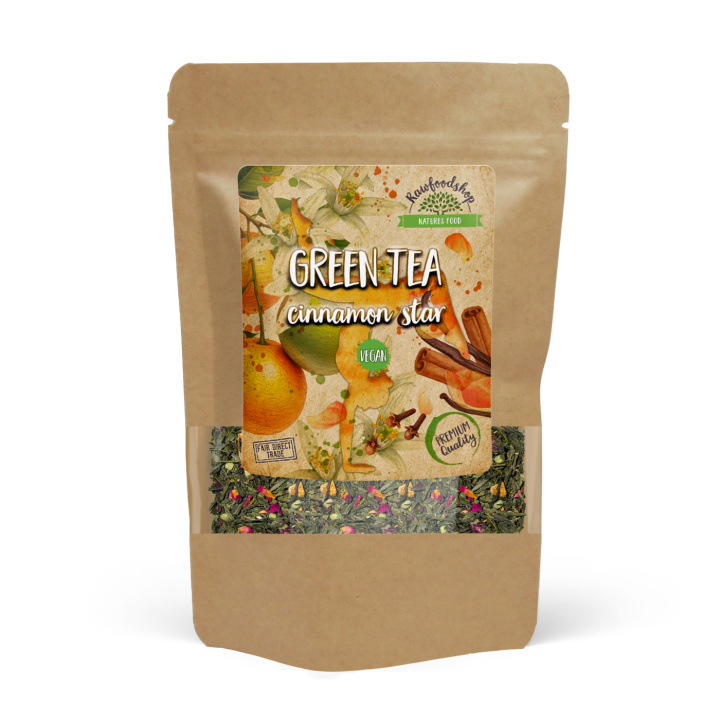 Grøn te Cinnamon Star 50g i gruppen Råvarer & Drikke / Drikkevarer / Te hos Rawfoodshop Scandinavia AB (1096650)