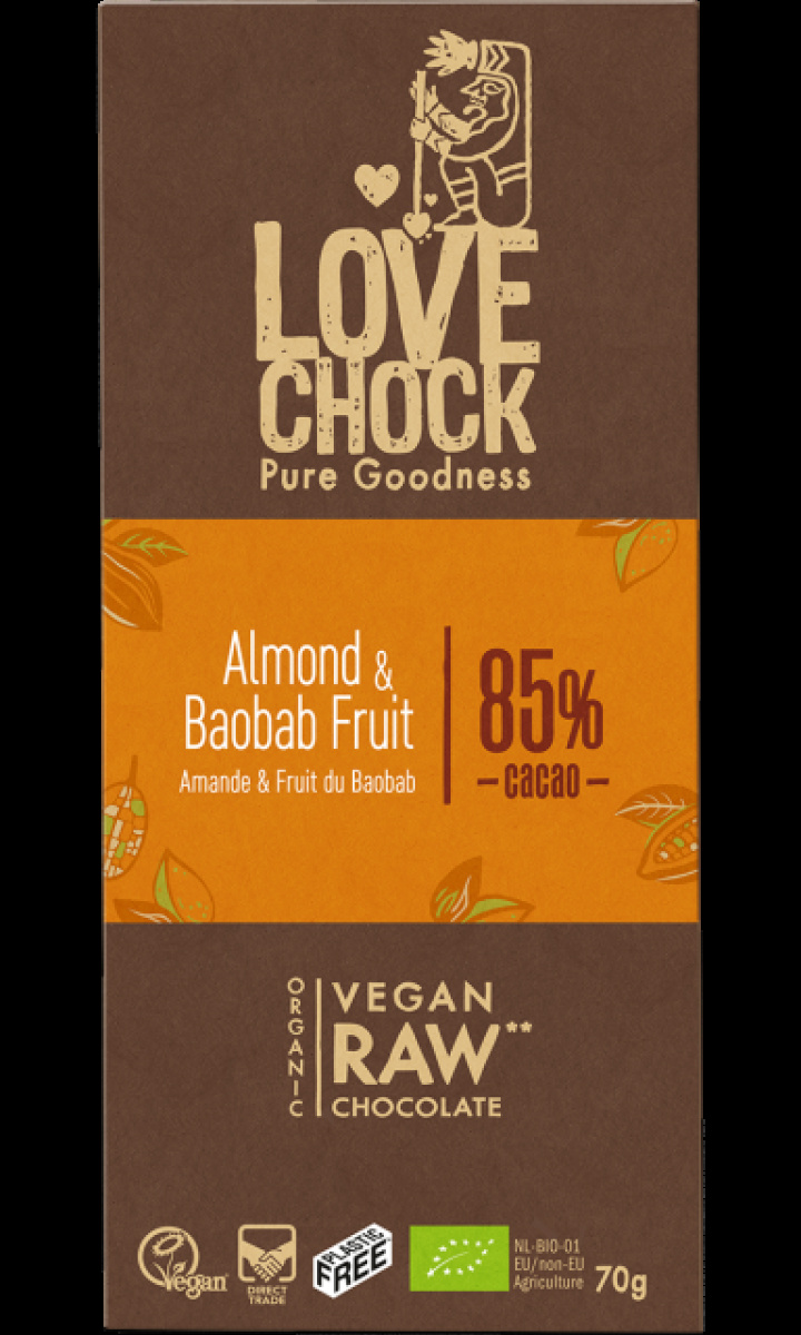 Chokolade Mandel & Baobab 85% ØKO 70g i gruppen Råvarer & Drikke / Slik & Chokolade / Chokolade og Bars hos Rawfoodshop Scandinavia AB (14003)