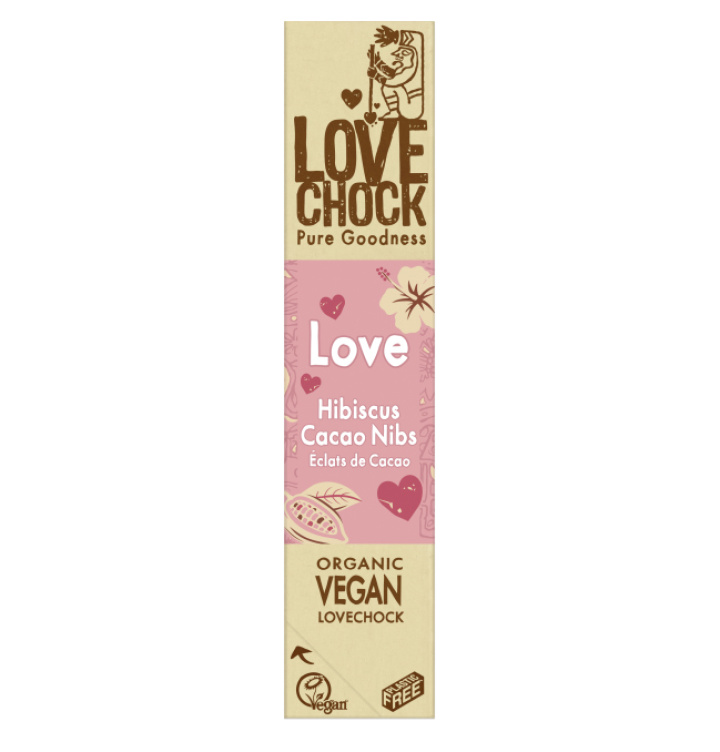 Love Chokolade Hibiscus & Kakao Nibs ØKO 40g i gruppen Råvarer & Drikke / Slik & Chokolade / Chokolade og Bars hos Rawfoodshop Scandinavia AB (20002)
