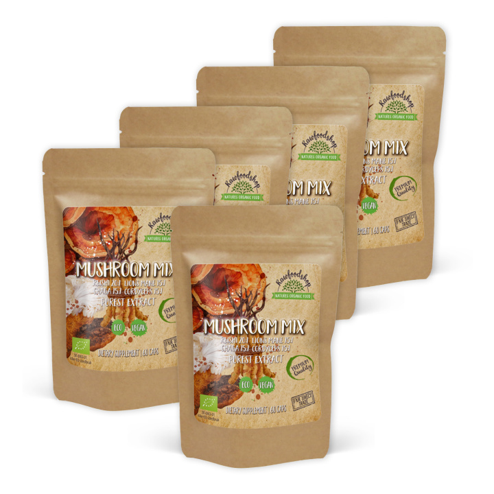Mushroom mix Extract ØKO 400mg 60 kapsler x 5 pakker i gruppen Kosttilskud / Urter & Planter / Svampe hos Rawfoodshop Scandinavia AB (CAPSMUS60-SET5)