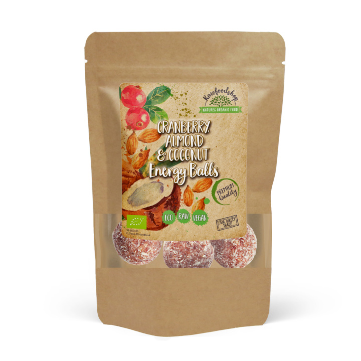 Tranebær Mandel Kokos Energikugler ØKO 100g i gruppen Råvarer & Drikke / Spisekammer / Småkager & Kiks hos Rawfoodshop Scandinavia AB (CRANCO3-100)