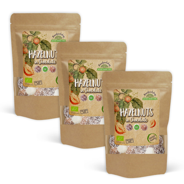 Hasselnødder Mørk, Hvid og Lys Chokolade ØKO 200g x 3 pakker i gruppen Råvarer & Drikke / Nødder / Hasselnødder hos Rawfoodshop Scandinavia AB (NOICHOCOTRIO5-SET3)