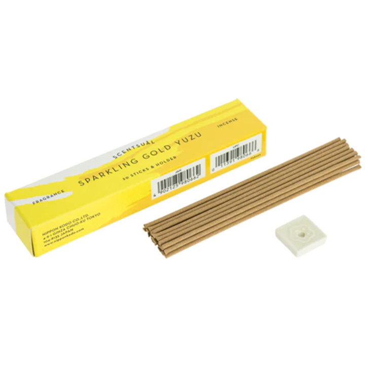 Sparkling Gold Yuzu Røgelse med holder 30stk i gruppen Hjem & Sjæl / Stemning & duft / Røgelserholdere & fade hos Rawfoodshop Scandinavia AB (SKU-391)