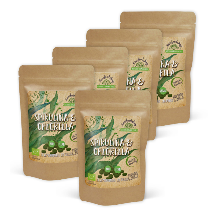 Spirulina Chlorella ØKO 500mg 300 tabletter x 5 pakker i gruppen Kosttilskud / Urter & Planter / Algetilskud hos Rawfoodshop Scandinavia AB (SPICHLORTAB-SET5)
